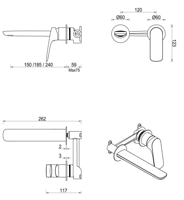 Kaza Wall Basin/Bath Mixer No Plate